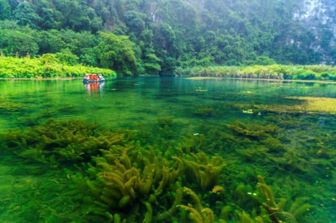 Nước xanh trong vắt có thể nhìn rỏ rong tảo phía dưới, tạo nên cảnh sắc thiên nhiên tuyệt đẹp